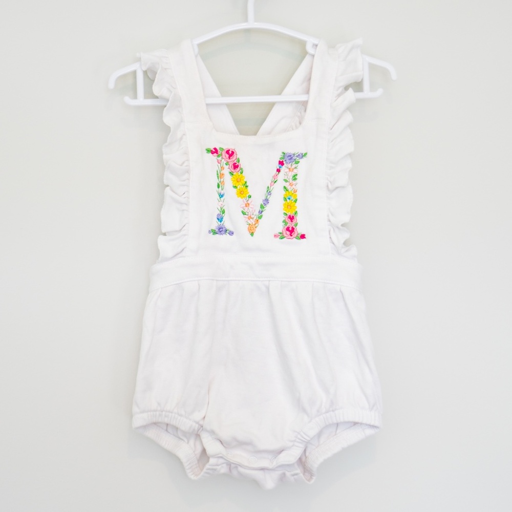 Baby Girl White "M" Monogram Floral bubble romper